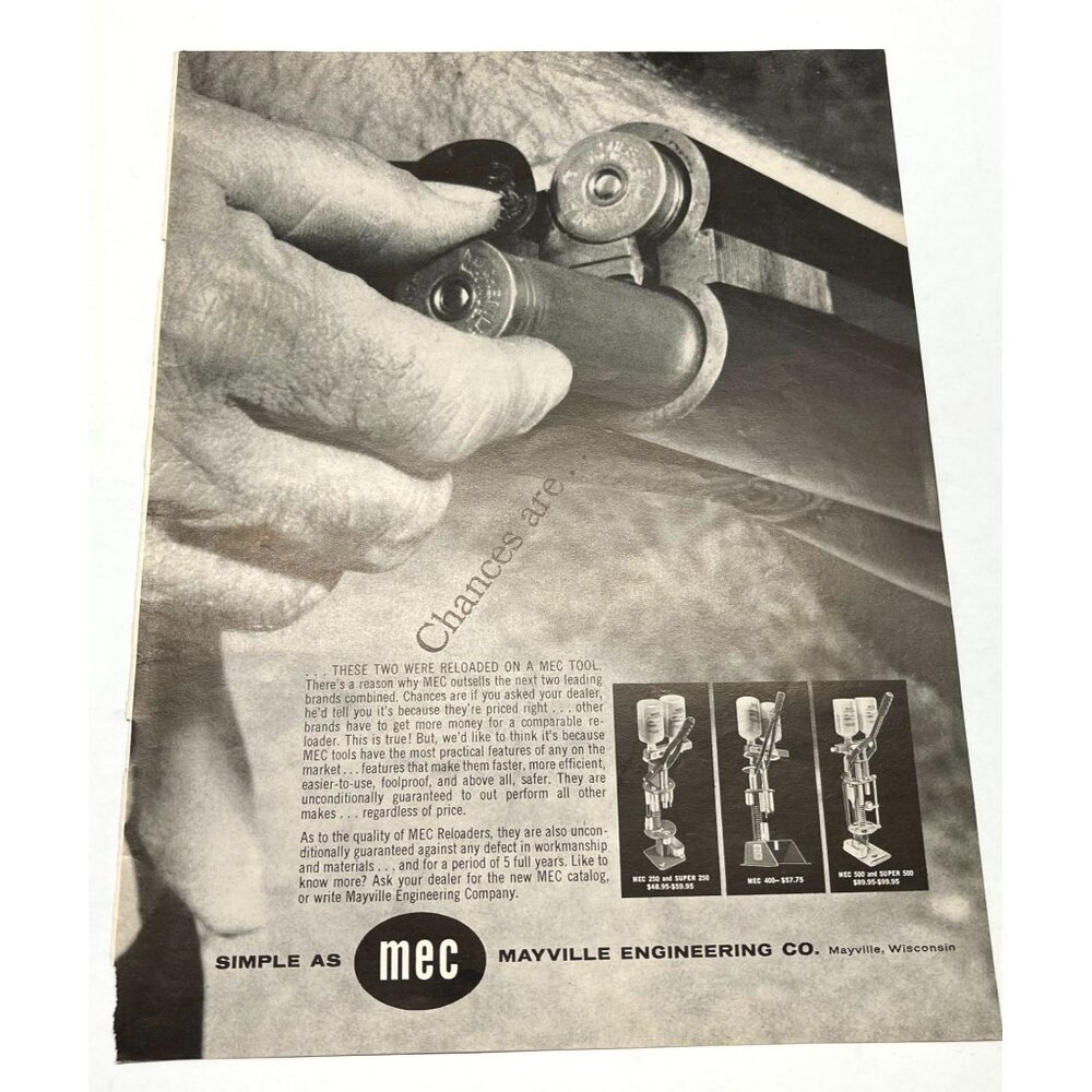 MEC Reloading Equipment Print Ad Vintage 1962 Mayville Engineering Co WI